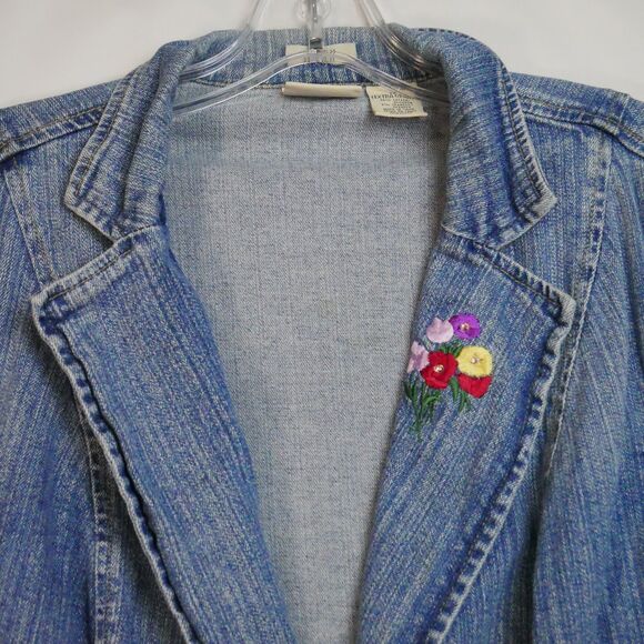 ST JOHNS BAY Womens Size 1X Denim Stretch Button Mid-Length Jacket Embroidered - Picture 2 of 15